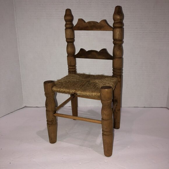 Vintage Doll Bear Miniature Wooden Chair Twine Jute Seat 12" Tall Primitive - Picture 1 of 8